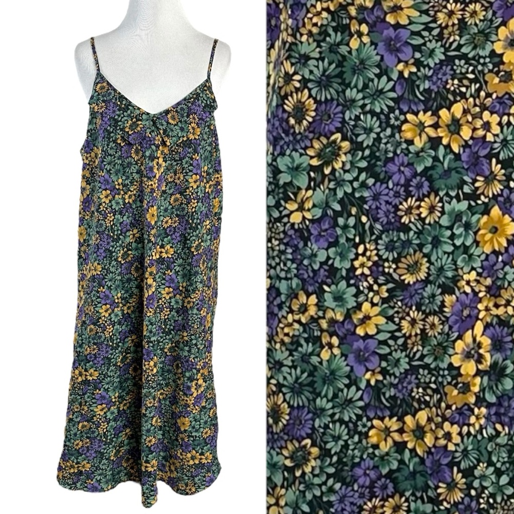 Vintage 70s Floral Daisy Ruffle Slip Dress Size Large